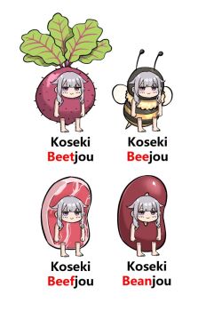 Rule 34 | 1girl, animal costume, barefoot, beans, bee costume, beef, beet (vegetable), c:, character name, closed mouth, commentary, english commentary, english text, food, food costume, full body, grey hair, hololive, hololive english, koseki bijou, long hair, meat, multiple views, pun, purple eyes, raw meat, simple background, smile, standing, variations, virtual youtuber, white background, zetsuental