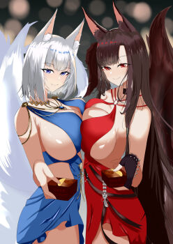Rule 34 | 2girls, akagi (azur lane), animal ears, azur lane, blue dress, blue eyes, box, breast press, breasts, brown hair, chocolate, choker, dress, eyeshadow, fox ears, fox girl, fox tail, gift, gift box, highres, jewelry, kaga (azur lane), kitsune, ksami, large breasts, looking at viewer, makeup, multiple girls, red dress, red eyes, red eyeshadow, symmetrical docking, tail, yuri