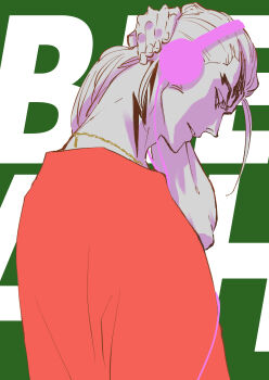 1boy 2024 abarai_renji absurdres arm_behind_head bleach chain chain_necklace commentary_request copyright_name forehead_tattoo from_side green_background headphones highres jewelry kubo_tite limited_palette looking_at_viewer male_focus neck_tattoo necklace official_art official_artist_extra red_shirt shirt solo tattoo