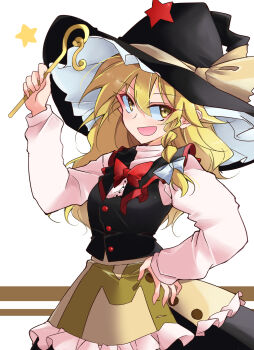 1girl apron black_vest blonde_hair bow bowtie braid commentary_request hair_bow hand_on_own_hip hat hat_bow hat_ornament highres holding holding_wand ichimura_kanata kirisame_marisa long_hair long_sleeves looking_at_viewer official_alternate_costume open_mouth red_bow red_bowtie side_braid single_braid smile solo star_(symbol) star_hat_ornament touhou undefined_fantastic_object vest waist_apron wand white_bow witch_hat yellow_eyes