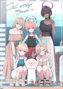 5girls ahoge akane_(blue_archive) alternate_costume alternate_hairstyle asuna_(blue_archive) bag bare_arms bare_shoulders black_bag black_hair black_halo black_sandals black_shirt black_tank_top blonde_hair blue_archive blue_eyes blue_halo blue_streaks blush breasts brown_bag brown_camisole brown_dress brown_eyes brown_hair brown_tank_top camisole carrying carrying_person casual cleaning_&amp;_clearing_(blue_archive) cleavage closed_mouth clothes_around_waist collarbone dark-skinned_female dark_skin denim denim_shorts doodle_sensei_(blue_archive) double_v dress flat_chest full_body glasses gradient_hair grey_pants grin hair_behind_ear hair_between_eyes hair_over_one_eye hair_over_shoulder halo highres huge_ahoge jacket jacket_around_waist jewelry junu_(jwoo5627) karin_(blue_archive) large_breasts long_braid long_hair looking_at_viewer low_ponytail mole mole_on_breast multicolored_hair multiple_girls necklace neru_(blue_archive) off-shoulder_dress off_shoulder pants ponytail purple_hair red_eyes red_hair red_jacket rolling_suitcase sandals sensei_(blue_archive) shirt shoes short_sleeves shorts single_bare_shoulder sleeveless sleeveless_shirt smile sneakers squatting standing suitcase sunglasses tank_top teeth toes toki_(blue_archive) v very_long_hair white_jacket white_pants white_sandals white_shoes white_shorts yellow_halo