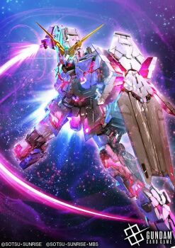 artist_request battle blue_eyes copyright_notice energy_field energy_sword exposed_internal_machinery glowing glowing_eyes gundam gundam_card_game gundam_unicorn logo machinery mecha mecha_focus mobile_suit nebula no_humans official_art realistic robot scene_reference science_fiction shield space star_(sky) sunrise_(company) sword title unicorn_gundam v-fin weapon zero_gravity