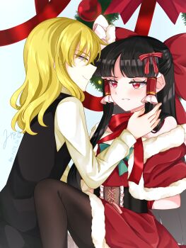 2girls absurdres alternate_costume arms_behind_back black_vest blonde_hair blush bound bound_wrists bow brown_hair brown_pantyhose christmas closed_mouth commentary_request dress frilled_hair_tubes frills fur-trimmed_dress fur_trim hair_bow hair_tubes hakurei_reimu highres kirisame_marisa long_hair long_sleeves mito_(fate) multiple_girls pantyhose red_bow red_dress red_eyes signature smile touhou twitter_username very_long_hair vest yellow_eyes yuri