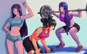 1girl barbell bent_over bike_shorts black_hair blue_eyes blue_sports_bra breasts dumbbell dumbbell_nan_kilo_moteru? exercising folded_ponytail holding holding_dumbbell medium_breasts midriff purple_sports_bra shoes signature smile sneakers souryuuin_akemi sports_bra squat_(exercise) sweat toned toned_female vasiliy-plumber