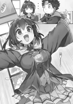 absurdres ahoge black_hair bouncing bouncing_breasts breasts buta_koushaku cardigan happy highres large_breasts long_sleeves monochrome nauribon non-web_source open_mouth ponytail robe school_uniform short_hair short_ponytail skirt tearing_up tina_(buta_koushaku)