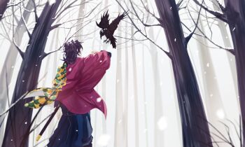 1boy bird black_bird black_hair black_pants crow demon_slayer_uniform facing_away forest from_below haori highres japanese_clothes kimetsu_no_yaiba long_hair male_focus nature pants print_haori snow sword tomioka_giyuu tomr1g upper_body weapon winter