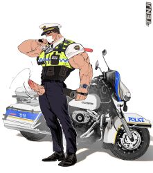 Rule 34 | 1boy, bara, biceps, black hair, blush, bulletproof vest, camera, cum, ejaculation, erection, full body, hat, highres, holding, holding camera, looking down, male focus, male pubic hair, mask, mature male, motor vehicle, motorcycle, mouth mask, muscular, muscular male, open fly, original, penis, police, police hat, police uniform, policeman, projectile cum, pubic hair, shadow, short hair, sideburns, simple background, solo, tenji (tenji 89), testicles, thick eyebrows, uncensored, uniform, veins, veiny arms, walkie-talkie, watch, white background, wristwatch