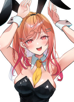 1girl absurdres alternate_costume animal_ears armpits arms_up between_breasts black_leotard blush breasts detached_collar earrings fake_animal_ears gold_earrings gradient_hair hair_ornament hairpin highres hololive hololive_dev_is ichijou_ririka jewelry large_breasts leotard long_hair looking_at_viewer multicolored_hair necktie necktie_between_breasts open_mouth orange_eyes orange_hair playboy_bunny rabbit_ears rabbit_pose shiny_leotard shiny_skin simple_background smile vermin. virtual_youtuber white_background wrist_cuffs yellow_necktie