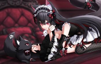 1girl absurdres animal animal_ear_fluff animal_ears black_hair black_sleeves breasts cleavage closed_mouth colored_inner_hair commentary crossed_bangs detached_sleeves english_commentary fishnet_thighhighs fishnets hair_between_eyes highres indie_virtual_youtuber long_hair multicolored_hair pillow pink_eyes pome0826 red_hair second-party_source skirt skull_ornament smile solo suki_(vtuber) tail thighhighs virtual_youtuber white_skirt