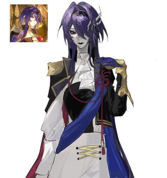1girl acheron_(honkai:_star_rail) alternate_costume ascot asymmetrical_sleeves coat collar commentary criss-cross_strings derivative_work english_commentary gloves hair_ornament hair_over_one_eye highres honkai:_star_rail honkai_(series) kirypuff long_hair purple_hair ribbon very_long_hair