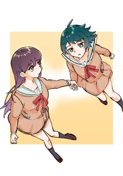 Rule 34 | 2girls, bang dream!, bang dream! it's mygo!!!!!, black socks, brown dress, brown hair, commentary request, dress, green eyes, green hair, highres, holding hands, kneehighs, long hair, long sleeves, multiple girls, open mouth, purple eyes, sailor collar, sailor dress, shiina taki, short hair, socks, white sailor collar, xtk (zoenina123), yahata umiri