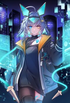 1girl absurdres ahoge animal_ears arm_at_side asymmetrical_legwear black_gloves black_jacket black_shirt blue_eyes blue_hair building cable commission cowboy_shot cyberpunk digital_dissolve expressionless facial_tattoo fake_animal_ears flat_chest gloves gradient_eyes hair_ornament hand_up headgear heterochromia highres holographic_interface indie_virtual_youtuber jacket long_single_sidelock long_sleeves looking_at_viewer magatama multicolored_eyes night non_koto27 open_clothes open_jacket orange_jacket outdoors parted_lips purple_eyes sayu_sincronisity sayu_sincronisity_(1st_costume) second-party_source shirt skeb_commission skyscraper solo standing straight-on tattoo two-sided_fabric two-sided_jacket virtual_youtuber walking yellow_eyes