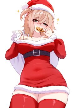 1girl alternate_costume belt black_belt blonde_hair breasts cgator closed_mouth commentary cookie dress english_commentary food fur-trimmed_dress fur-trimmed_headwear fur_trim green_eyes hat highres holding holding_cookie holding_food holding_sack indie_virtual_youtuber large_breasts looking_at_viewer nimi_nightmare one_side_up red_dress red_hat red_thighhighs sack santa_costume santa_dress santa_hat solo thighhighs virtual_youtuber white_background