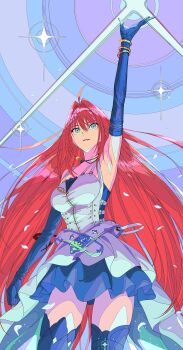 1girl absurdres ahoge aozaki_aoko arm_up belt blue_eyes blue_thighhighs breasts dress elbow_gloves fate/grand_order fate_(series) gloves highres jewelry large_breasts long_hair mahou_tsukai_no_yoru pendant red_hair super_aoko thighhighs white_dress xtango