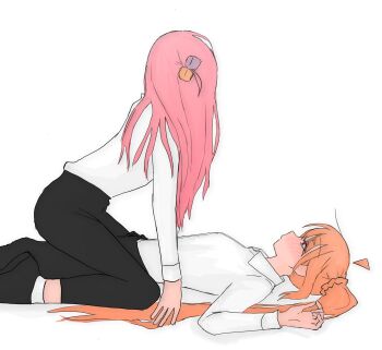 2girls ahoge black_pants blonde_hair blush bocchi_the_rock! collared_shirt commentary_request cube_hair_ornament gotoh_hitori hair_ornament highres ijichi_nijika long_hair looking_at_another mentos_pepsi multiple_girls pants pink_hair red_eyes shirt side_ponytail simple_background straddling white_background white_shirt yuri