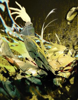 1girl arms_up bang_dream! bang_dream!_it's_mygo!!!!! blue_dress chinese_commentary chromatic_aberration commentary_request dress falling green_background green_hair highres liquid long_hair long_sleeves solo upper_body wakaba_mutsumi yellow_eyes yi_chuan_xian_hua