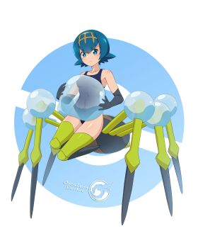 1girl absurdres arachne araquanid arthropod_girl artist_name black_gloves blue_eyes blue_hair bubble elbow_gloves furry gen_7_pokemon gloves highres holding_water insect_girl lana_(pokemon) looking_at_viewer monster_girl monsterification nintendo one-piece_swimsuit orcaleon poke_ball_symbol pokemon pokemon_sm short_hair solo spider_girl swimsuit taur