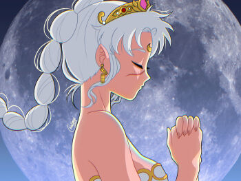 1girl 2025 baldur&#039;s_gate baldur&#039;s_gate_3 bare_shoulders bishoujo_senshi_sailor_moon braid braided_ponytail breasts chai_rae commentary cosplay crescent crescent_facial_mark derivative_work dungeons_&amp;_dragons dungeons_&amp;_dragons earrings english_commentary facial_mark facial_scar forehead_mark full_moon high_braided_ponytail highres jewelry medium_breasts moon neo_queen_serenity neo_queen_serenity_(cosplay) own_hands_together parody photo_background pointy_ears portrait scar scar_on_cheek scar_on_face scar_on_nose shadowheart_(baldur&#039;s_gate) signature single_braid solo style_parody