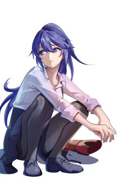 1girl absurdres alternate_costume bikini_boody black_pantyhose blue_eyes blue_hair blue_skirt commentary contemporary english_commentary expressionless fire_emblem fire_emblem_awakening highres looking_to_the_side lucina_(fire_emblem) nintendo own_hands_together pantyhose photo-referenced shirt sitting skirt solo squatting white_shirt