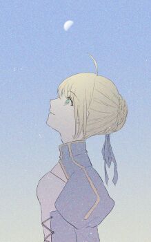 Rule 34 | 1girl, ahoge, artoria pendragon (fate), blonde hair, blue dress, blue ribbon, blue sky, braid, breasts, cleavage cutout, clothing cutout, commentary request, dress, evening, fate/stay night, fate (series), green eyes, hair between eyes, hair bun, hair ribbon, highres, juliet sleeves, long sleeves, looking up, medium breasts, moon, outdoors, puffy sleeves, ribbon, ro96cu, saber (fate), short hair, sidelocks, sky, solo, teeth, upper body