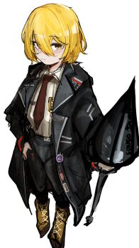 1girl black_coat blonde_hair boots coat collared_shirt commentary don_quixote_(project_moon) english_commentary expressionless highres holding holding_polearm holding_weapon limbus_company necktie polearm project_moon red_necktie shirt weapon white_background white_shirt wldrnbag19 yellow_eyes