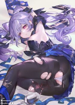 1girl ass bdsm beads black_dress blue_dress bondage bound bow bow_choker breasts choker cone_hair_bun diamond-shaped_pupils diamond_(shape) double_bun dress dress_bow genshin_impact hair_beads hair_bun hair_ears hair_ornament highres keqing_(genshin_impact) keqing_(opulent_splendor)_(genshin_impact) large_breasts liquid long_hair multicolored_dress official_alternate_costume official_alternate_hairstyle panties pantyhose parted_lips pearl_hair_ornament purple_hair strapless strapless_dress symbol-shaped_pupils teeth torn_clothes torn_legwear two-tone_dress underwear yu_chien_(yuchien4221)