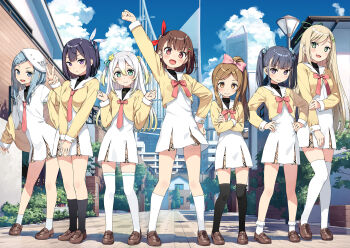 6+girls arm_up black_hair black_thighhighs blonde_hair blue_eyes blue_hair blue_sky bob_cut bow bowtie braid braided_bangs breasts brown_eyes brown_hair brown_shoes center-flap_bangs character_request cherry_hair_ornament choppy_bangs closed_mouth cloud colored_tips commentary_request crossed_arms day dot_nose double-parted_bangs dress food-themed_hair_ornament frilled_socks frills green_eyes grey_hair hair_between_eyes hair_bobbles hair_bow hair_ornament hand_on_own_arm hand_on_own_hip hand_up hands_on_own_hips hands_up hat high_ponytail highres jacket kantoku loafers long_bangs long_hair long_sleeves looking_at_viewer medium_breasts multicolored_hair multiple_girls necktie one_side_up open_clothes open_jacket open_mouth original outdoors pink_bow pink_bowtie pink_eyes pink_necktie pleated_dress ponytail purple_eyes red_bow school_uniform shadow shoes short_dress short_hair sky smile socks star_(symbol) star_hair_ornament straight_hair summer thighhighs two_side_up urban v v-shaped_eyebrows white_dress white_hat white_socks white_thighhighs yellow_eyes yellow_jacket zettai_ryouiki