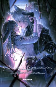 alley animal_ears black_hair black_jacket chain-link_fence chief_(path_to_nowhere) dog_ears dog_girl fake_claws feichuan02 female_chief_(path_to_nowhere) fence gun gun_to_head hand_on_another&#039;s_neck hand_on_another&#039;s_waist highres holding holding_gun holding_weapon jacket looking_at_another path_to_nowhere rain smile standing weapon white_hair winding_key wrist_cuffs yuri zoya_(path_to_nowhere)