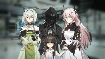 1other 3girls amiya_(arknights) amiya_(young)_(arknights) animal_ears arknights black_horns black_jacket blue_eyes blurry brown_hair cape chinese_commentary choker commentary_request crossed_arms doctor_(arknights) green_eyes grey_hair group_picture hands_on_another&#039;s_head highres holding_hands hood hood_up hooded_jacket horns indoors jacket jewelry kal&#039;tsit_(arknights) long_hair long_sleeves looking_at_viewer material_growth moliyuu multiple_girls multiple_rings oripathy_lesion_(arknights) pink_eyes pink_hair ring short_hair_with_long_locks stethoscope stethoscope_around_neck theresa_(arknights) vignetting watch white_cape white_choker wristwatch