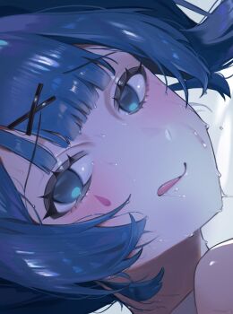 1girl :q blue_eyes blue_hair center-flap_bangs close-up commentary hair_between_eyes hair_ornament hakai_orz hatsune_miku highres licking_lips looking_at_viewer rabbit_hole_(vocaloid) sweatdrop symbol-only_commentary teardrop_facial_mark tongue tongue_out vocaloid x_hair_ornament