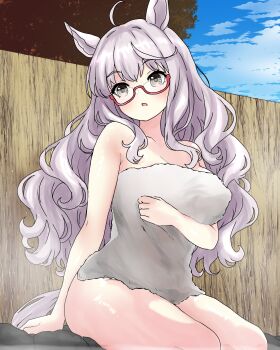1girl absurdres ahoge animal_ears biwa_hayahide_(umamusume) blush breasts commentary_request glasses grey_hair hair_between_eyes highres horse_ears horse_girl horse_tail long_hair onsen red-framed_eyewear semi-rimless_eyewear tachibana_nukesaku tail towel umamusume under-rim_eyewear yellow_eyes
