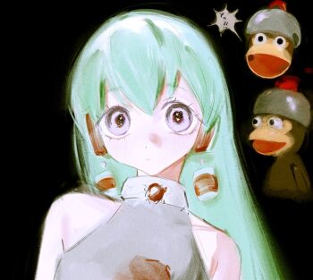 1girl alarm_siren android bare_shoulders black_background charu_(saru_getchu) closed_mouth collar commentary_request contrapposto earrings expressionless fcx4l floating_earrings green_hair grey_shirt helmet inset jewelry light_blush light_frown long_hair looking_at_viewer monkey purple_eyes raised_eyebrows robot_ears saru_getchu shirt sleeveless sleeveless_shirt solo speech_bubble upper_body wide-eyed