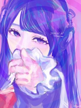 1girl commentary dated english_commentary headphones highres i2nyao9 long_hair looking_at_viewer mona_(phantom_siita) phantom_siita pink_background pointing pointing_at_viewer purple_hair solo the_first_take upper_body