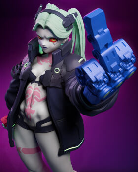 1girl 3d absurdres artificial_eye black_jacket breasts colored_sclera colored_skin cyberpunk:_edgerunners cyberpunk_(series) daniel_moudatsos fewer_digits green_hair highres jacket leg_tattoo long_hair mechanical_eye mechanical_hands middle_finger neck_tattoo oversized_forearms oversized_limbs rebecca_(cyberpunk) red_pupils red_sclera solo standing stomach_tattoo tattoo twintails white_skin