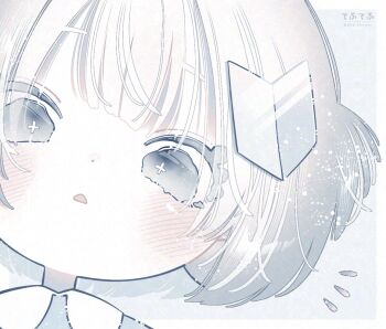 1girl artist_name blush child dot_nose eyelashes hair_ornament hairclip looking_at_viewer monochrome nose_blush notice_lines original parted_lips portrait short_hair solo square thk_41 white_hair white_theme