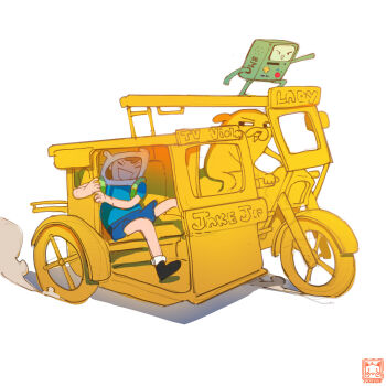 1boy adventure_time animal artist_logo artist_name backpack bag blue_shirt blue_shorts bmo closed_eyes closed_mouth commentary cyrosaur derivative_work dog driving english_commentary finn_the_human green_bag highres jake_the_dog logo motor_vehicle motorcycle on_motorcycle on_vehicle open_mouth shirt shorts simple_background sitting smile white_background