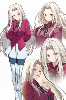 1girl bra breasts fate/zero fate_(series) highres irisviel_von_einzbern long_hair long_sleeves looking_at_viewer multiple_views open_mouth panties red_eyes red_panties red_shirt shirt smile takotama02 underwear white_hair