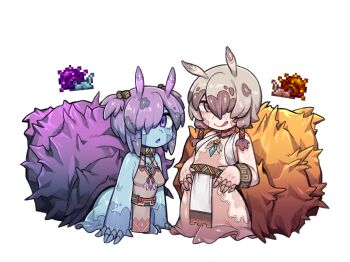 2girls antennae black_hair blonde_hair blue_skin blush brown_dress brown_hair closed_mouth colored_skin cube_hair_ornament dress female_focus full_body giant_shelly_(terraria) hair_ornament hair_over_one_eye jewelry licking_lips loincloth loli looking_at_viewer monster_girl multicolored_hair multiple_girls necklace nyong_nyong orange_eyes parted_lips personification purple_eyes purple_hair reference_inset shell short_hair smile snail_girl terraria tongue tongue_out two-tone_hair white_background