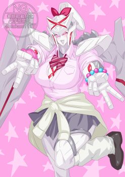 Rule 34 | 1girl, absurdres, blush, breasts, commentary, gyaru, highres, looking at viewer, mechanical wings, no.1 sentai gozyuger, otokamu, pink background, purple eyes, queen tegajune, robot, school uniform, super sentai, tegajune, tokusatsu, wings