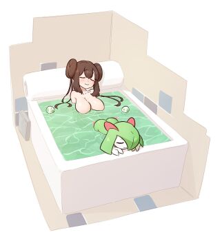 2girls :3 ass bathtub blush breasts brown_hair closed_eyes completely_nude double_bun egg gen_3_pokemon green_hair hair_bun hair_over_one_eye highres kirlia large_breasts liveactors multiple_girls nintendo nude partially_submerged pokemon pokemon_(anime) pokemon_(creature) pokemon_bw2 pokemon_egg pokemon_journeys pokemon_swsh147 relaxing rosa_(pokemon) same-sex_bathing scene_reference shared_bathing smile twintails yuri