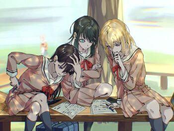 Rule 34 | 4girls, animal, bang dream!, bang dream! it's mygo!!!!!, black hair, black skirt, blonde hair, blue eyes, bow, bowtie, cat, commentary, crossed arms, crossed legs, doki (oox3o), dress, hair between eyes, hanasakigawa school uniform, hand on own head, holding, holding animal, holding cat, holding pen, kaname raana, kneehighs, lineart, long hair, medium hair, misumi uika, mole, mole under eye, multiple girls, open mouth, pen, purple eyes, raana the cat, sailor collar, sailor dress, school uniform, shiina taki, sitting, skirt, socks, white sailor collar, yahata umiri