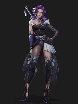 1girl absurdres alternate_costume asymmetrical_legwear black_background black_boots black_leotard black_pantyhose blue_eyes boots carlaxstylax clothing_cutout commentary detached_sleeves earrings english_commentary eyeshadow full_body gloves hand_on_own_hip hellfire_gala high_heel_boots high_heels highres jewelry leotard long_hair looking_to_the_side makeup marvel marvel_rivals marvel_rivals_(style) multicolored_leotard pantyhose psylocke purple_eyeshadow purple_gloves purple_hair purple_leotard purple_lips single_glove single_sleeve solo strapless strapless_leotard sword sword_on_back tailcoat weapon weapon_on_back x-men