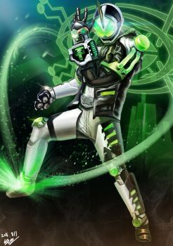 Rule 34 | 1boy, 2016, black gloves, black helmet, black hoodie, bodysuit, eyecon, gloves, green eyes, green trim, helmet, highres, holding, hood, hood down, hooded jacket, hoodie, horns, jacket, kamen rider, kamen rider ghost (series), kamen rider necrom, mega ulorder, multicolored helmet, necrom (973797hyun), necrom ghost eyecon, open clothes, open jacket, signature, single horn, solo, tokusatsu, white bodysuit, white helmet