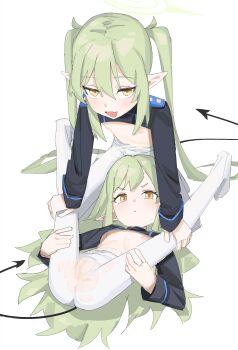 2girls :/ absurdres black_shirt black_shrug black_tail blue_archive blush buttons censored cest closed_mouth commentary demon_girl demon_tail dot_nose fang flat_chest folded furrowed_brow green_hair green_halo hair_between_eyes halo highres hikari_(blue_archive) holding_another&#039;s_leg incest jaggy_lines legs_up light_blush loli long_hair long_sleeves long_tail looking_at_viewer lying mosaic_censoring multiple_girls nipples no_pants nozomi_(blue_archive) oekaki on_back open_mouth pantyhose pointy_ears pussy ri-el shirt shrug_(clothing) siblings simple_background sisters skin_fang smile spread_legs tail torn_clothes torn_pantyhose twins twintails v-shaped_eyebrows v_legs very_long_hair white_background white_pantyhose wide_spread_legs yellow_eyes