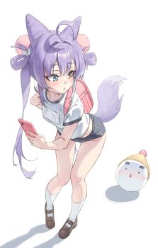 Rule 34 | 1girl, absurdres, ahoge, backpack, bag, black buruma, black shoes, blue eyes, buruma, cellphone, commentary request, cone hair bun, creature, double-parted bangs, double bun, foreshortening, fox girl, full body, gym shirt, gym uniform, hair bun, hair intakes, hair ornament, hair rings, heterochromia, highres, holding, holding phone, inari (tenko shibuki), jaeyun5407, kneehighs, knees together feet apart, korean commentary, leaning forward, long hair, looking to the side, mary janes, orange eyes, parted lips, phone, pigeon-toed, pom pom (clothes), pom pom hair ornament, purple hair, randoseru, shirt, shoes, short sleeves, simple background, smartphone, socks, solo, standing, stellive, tail, tenko shibuki, turning head, twintails, white background, white shirt, white socks