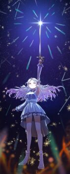 absurdres blonde_hair blue-purple_eyes blue_eyes fujihashi_touma gakuen_idolmaster highres holding holding_sword holding_weapon idolmaster juo_sena long_hair night night_sky pink_hair purple_eyes sky standing star_(sky) star_(symbol) sword tiny_ambition_(idolmaster) weapon