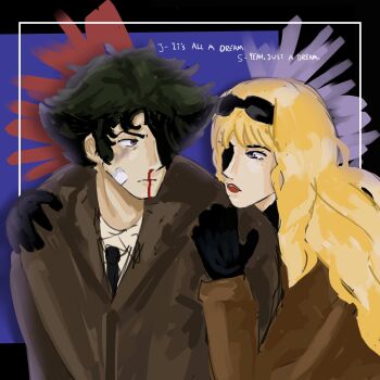 Rule 34 | blonde hair, blue eyes, brown eyes, couple, cowboy bebop, curly hair, grey hair, julia (cowboy bebop), pyrotorchie, spike spiegel