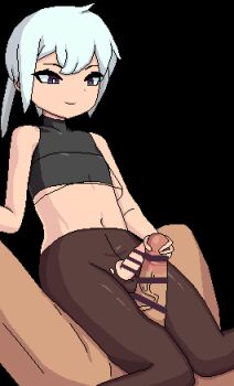 2boys animated animated_gif bkrg blue_eyes blue_hair censored frottage handjob looping_animation lowres male_focus multiple_boys nude original pantyhose penis penis_size_difference penises_touching small_penis smile thigh_sex torn_clothes torn_legwear torn_pantyhose trap veins veiny_penis yaoi