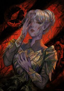 Rule 34 | 1girl, armor, baldur's gate, baldur's gate 3, blonde hair, blood, blood on face, blood on hands, breastplate, colored skin, dungeons & dragons, hair bun, hand on own chest, hand on own face, highres, looking at viewer, minthara, neck tattoo, parted lips, pauldrons, pointy ears, purple skin, red background, red eyes, red lips, short hair, shoulder armor, signature, single hair bun, smoke, solo, tattoo, tokine kira, upper body