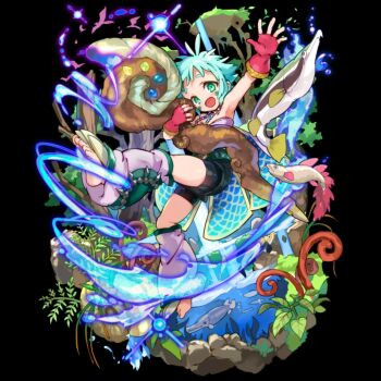 1girl :d ahoge aqua_eyes aqua_hair armpits barefoot bike_shorts bike_shorts_under_shorts black_background child fingerless_gloves fish full_body gloves glowing grass grey_shorts highres holding holding_staff ivy jewelry leaf leg_warmers merc_storia merc_storia_art_team mona_(merc_storia) nature necklace official_art open_hand open_mouth outstretched_arm pink_gloves short_hair shorts sidelocks simple_background smile solo spread_fingers staff standing strapless tachi-e tareme thick_eyebrows thighs tree water waving